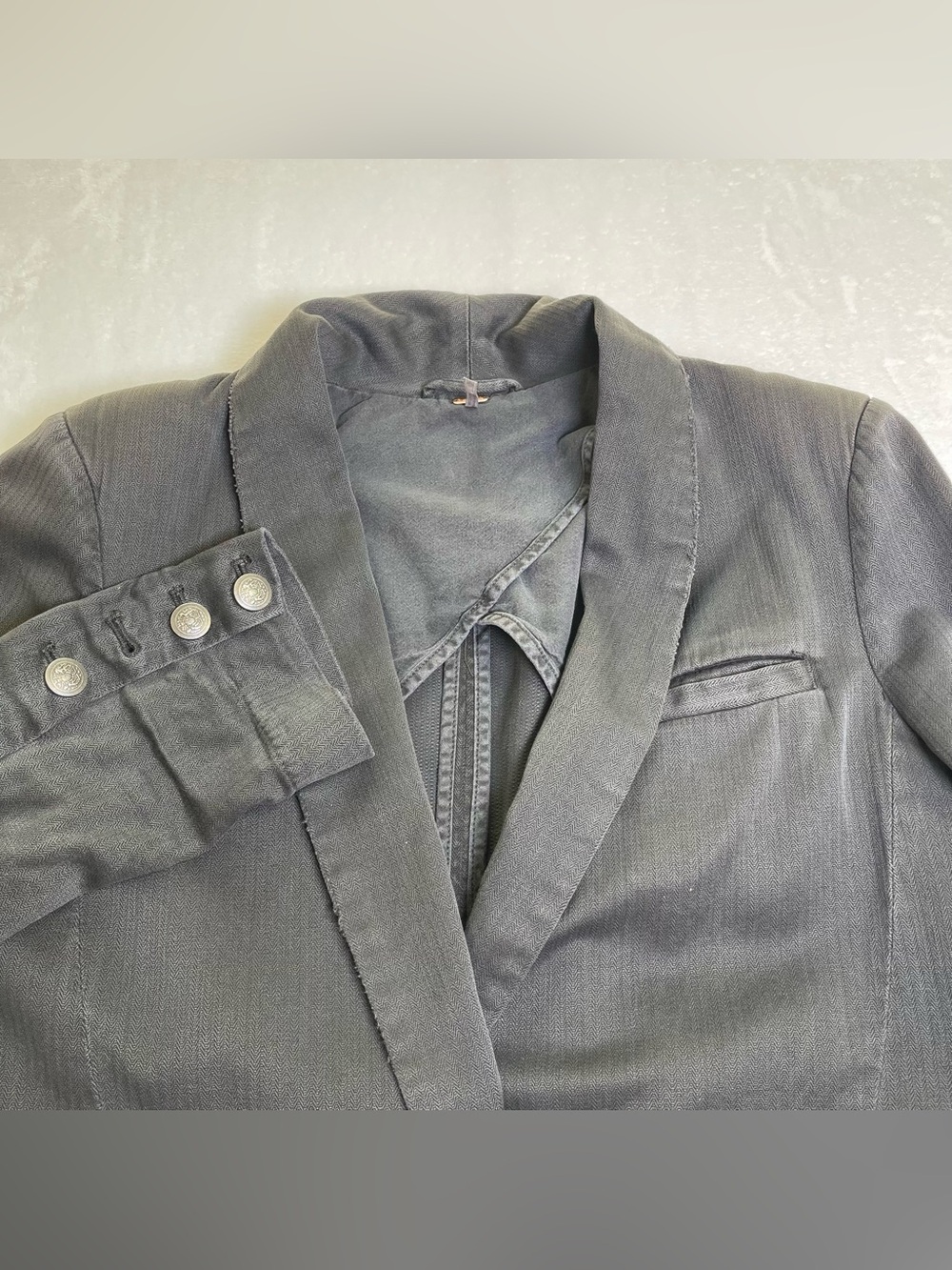 Free People Small Charcoal Grey Woven Knit Blazer Jacket Metal Buttons